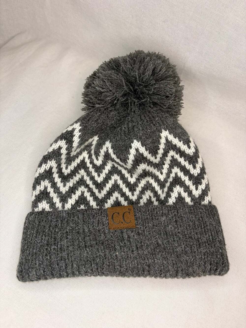 C.C Gray White Chevron Pom Pom Knit Beanie Winter Hat